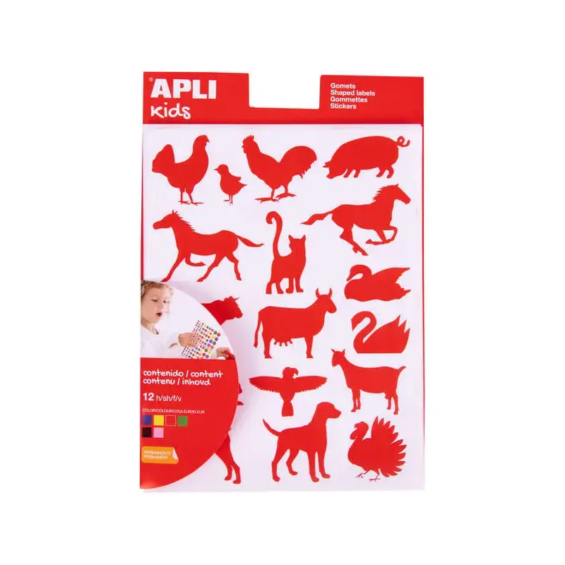 Apli Bolsa de Gomets de Adhesivo Permanente con Formas de Animales de Granja - 204 Gomets por Bolsa - Desarrolla la Psicomotrici