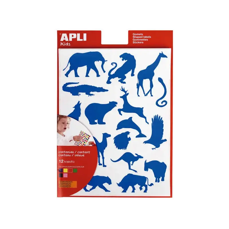 Apli Gomets Animales Salvajes - 204 Unidades por Bolsa - Formas de Elefante, Tigre, Jirafa y Mas - Adhesivo Base Agua y Material