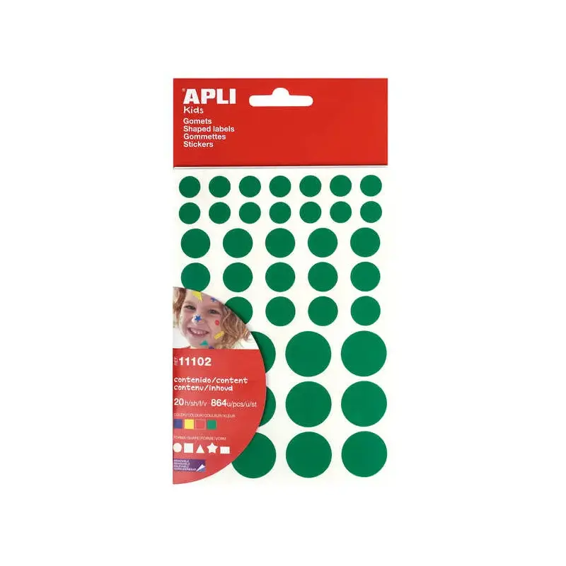 Apli Gomets Adhesivo Removible - 864 Gomets por Bolsa - Diferentes Colores, Formas y Tamaños - Desarrollo de Habilidades - Norma