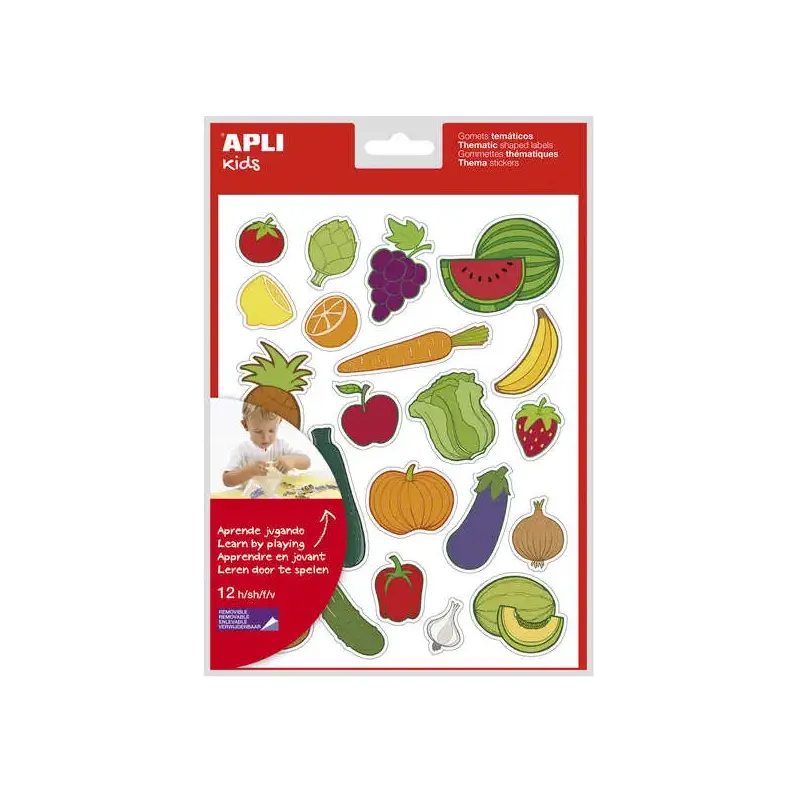 Apli Bolsa de Gomets Tematicos Frutas y Verduras - 276 Gomets - Adhesivo Removible - Desarrollados con Educadores - Ideal para E