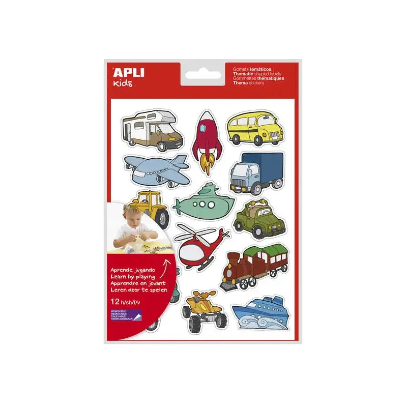 Apli Gomets Tematicos Transportes - 180 Gomets en 12 Hojas - Adhesivo Removible - Ideal para Aprendizaje - Cumple Normas EN-71 y
