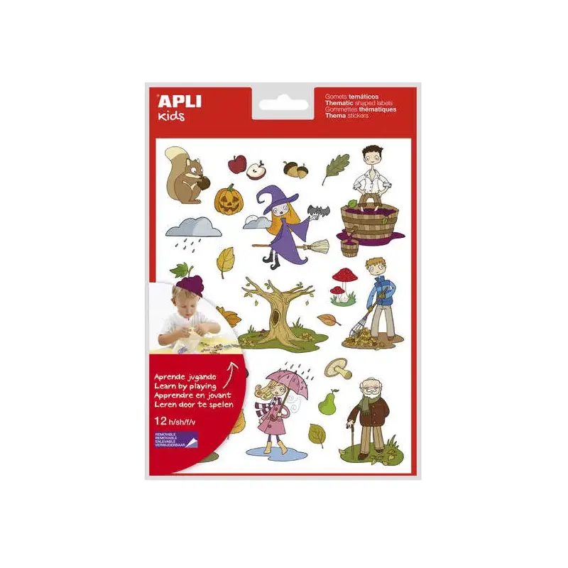 Apli Gomets Tematicos el Otoño - 12 Hojas (288 Gomets) - Adhesivo Removible - Ilustraciones Divertidas - Normas EN-71 y FSC - Ad