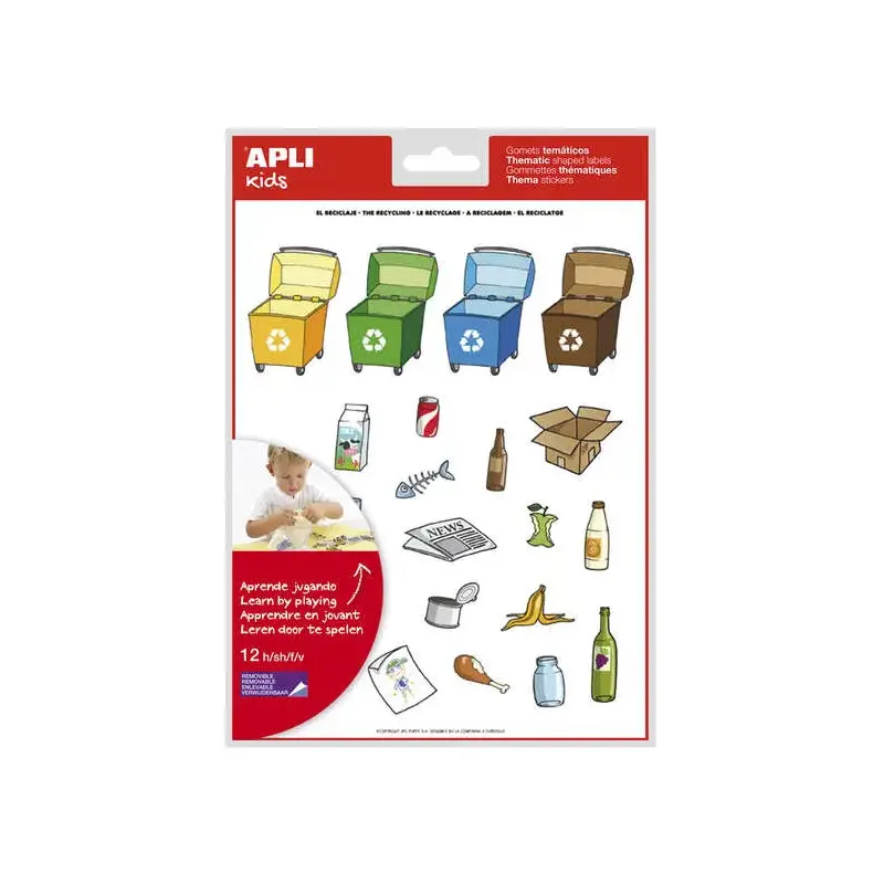 Apli Pack de 276 Gomets con Tematica El Reciclaje - Adhesivo Removible - Ilustraciones Divertidas - Ideal para Escuelas - 100% R