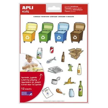 Apli Pack de 276 Gomets con Tematica El Reciclaje - Adhesivo Removible - Ilustraciones Divertidas - Ideal para Escuelas - 100% R