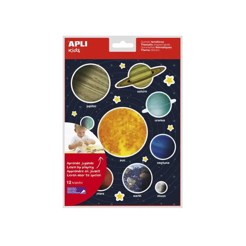 Apli Gomets Tematicos Sistema Solar - 240 Gomets en 12 Hojas - Adhesivo Removible - Ideal para Aprendizaje Visual y Habilidades
