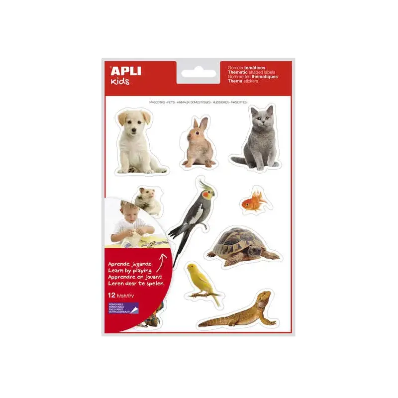 Apli Gomets Tematicos Realistas de Mascotas - 132 Gomets en 12 Hojas - Adhesivo Removible - Ideal para Desarrollar Habilidades M