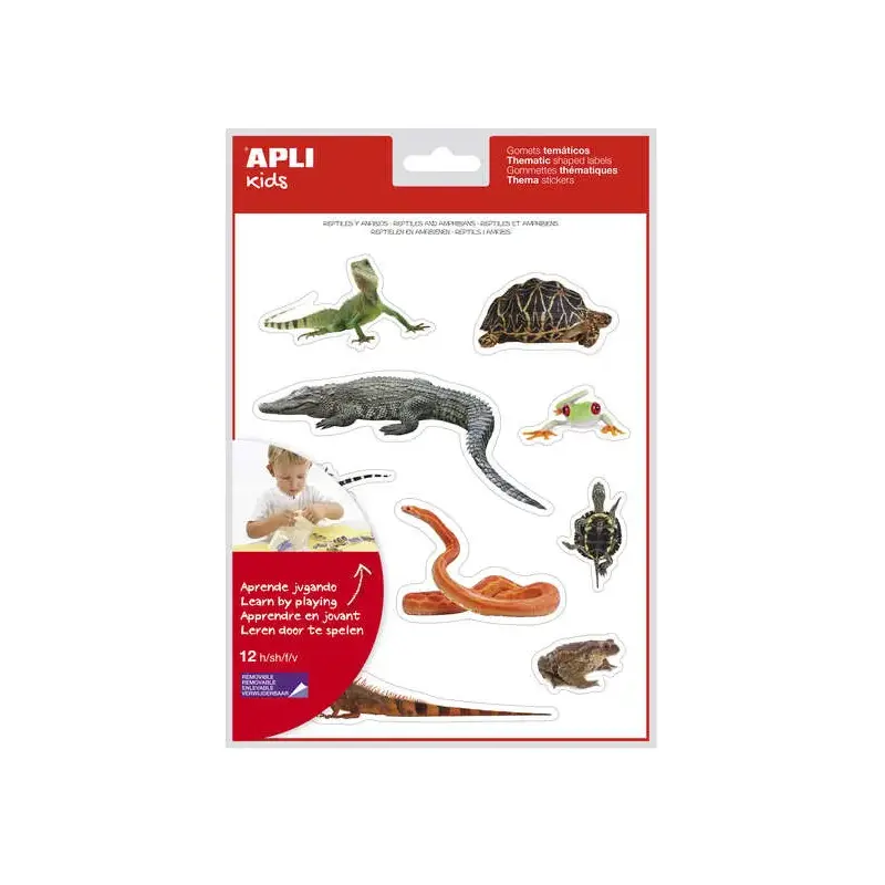 Apli Gomets Tematicos Realistas de Reptiles y Anfibios - 120 Gomets - Imagenes Realistas para Relacionar Animales - Adhesivo Rem