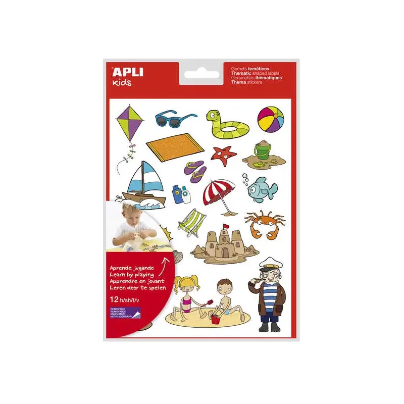 Apli Gomets Tematicos la Playa - 264 Gomets en 12 Hojas - Ilustraciones de Animales y Objetos de la Playa - Adhesivo Removible -