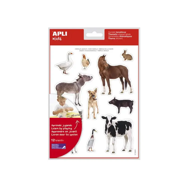 Apli Gomets Tematicos Realistas Animales de la Granja - 144 Gomets en 12 Hojas - Adhesivo Removible - Ideal para Desarrollar Hab