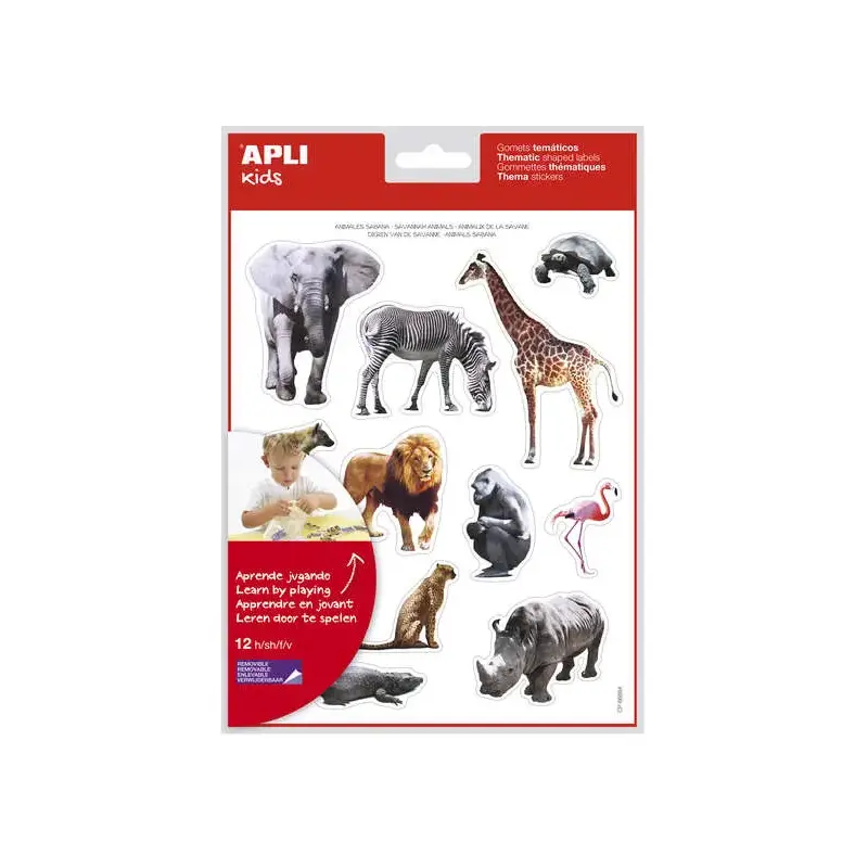 Apli Gomets Tematicos Realistas Animales Sabana - 144 Gomets - Adhesivo Removible - Ideal para Desarrollar Habilidades Motoras -
