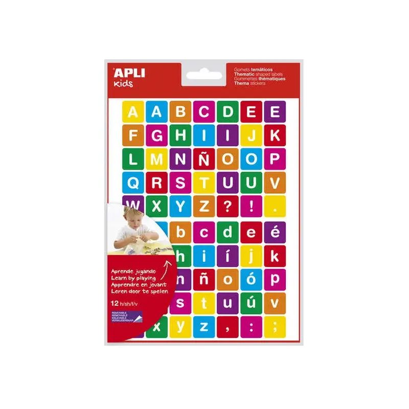 Apli Gomets Tematicos Letras - 12 Hojas (840 Gomets) - Adhesivo Removible - Ideal para Aprendizaje de Lectura y Escritura - Adhe