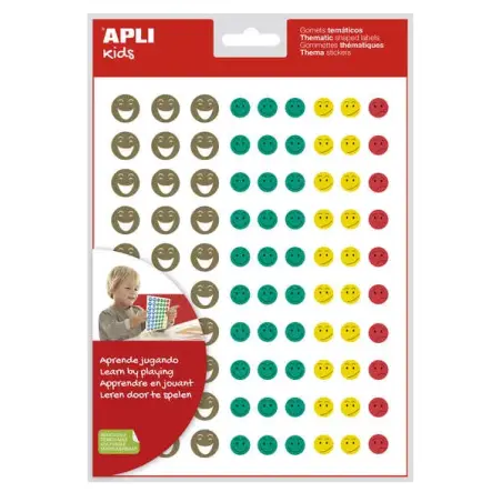 Apli Gomets Cara Feliz Mini - 4 Estilos de Cara Diferentes - 1080 Gomets por Bolsa - Adhesivo Removible - Motiva y Premia a los