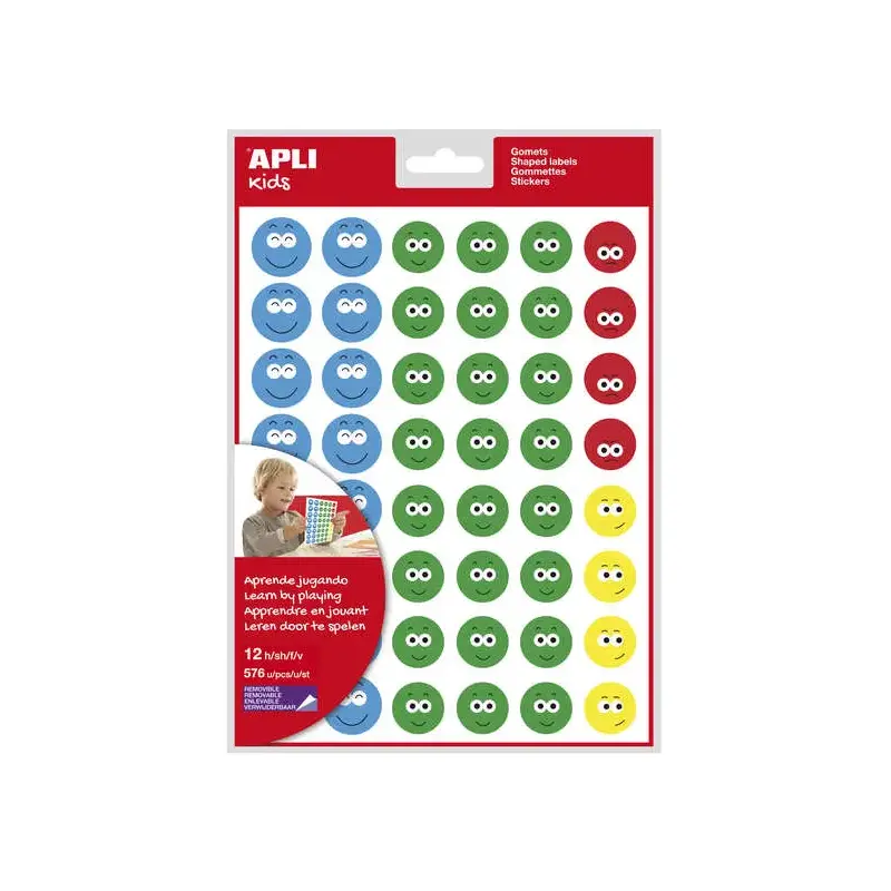 Apli Gomets Cara Feliz Ii - 576 Gomets por Bolsa - 4 Estilos de Cara Diferentes - Motivan y Premian a los Niños - Enseñan a Expr