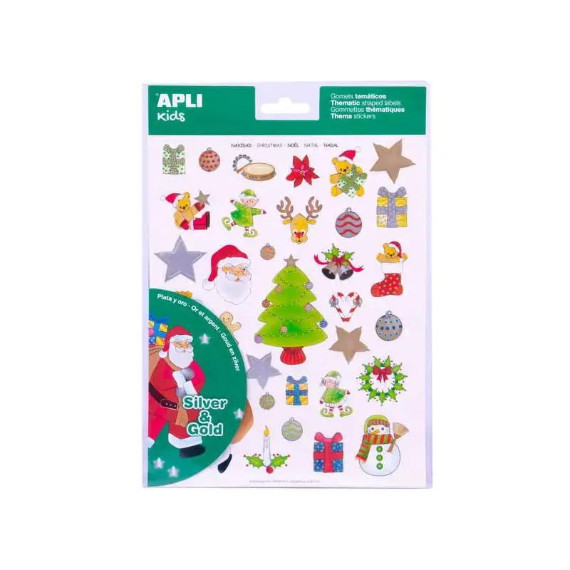 Apli Pack con 99 Gomets de Tematica Navideña - Ilustraciones Educativas - Adhesivo Removible - Tinta en Acabado Oro y Plata - Ma