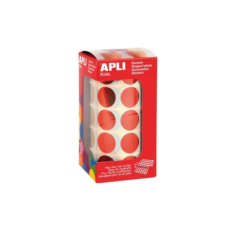 Apli Gomets Redondos Ø 20mm Rojo Metalizado - 59 Hojas Pretroqueladas - 1770 Gomets por Rollo - Ideal para Actividades Creativas