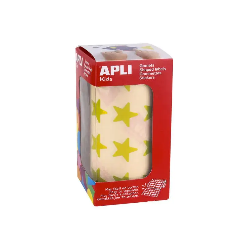 Apli Gomets Estrella Amarillo Metalizado - Tamaño 19.5mm - 1416 Gomets por Rollo - Adhesivo Base Agua - Normas EN-71 y FSC | Aho