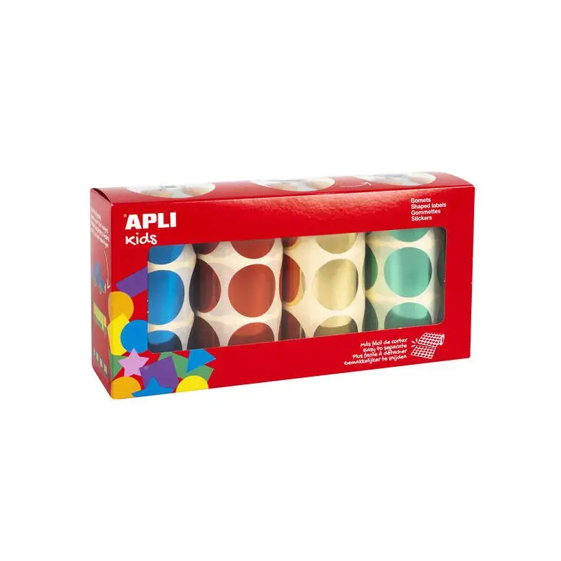 Apli Pack de 2.256 Gomets Redondos Ø 33mm - 4 Rollos de 564 Gomets - Adhesivo Permanente - Ideal para escuelas Infantiles y Cole