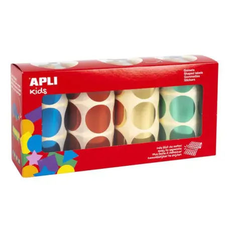 Apli Pack de 2.256 Gomets Redondos Ø 33mm - 4 Rollos de 564 Gomets - Adhesivo Permanente - Ideal para escuelas Infantiles y Cole