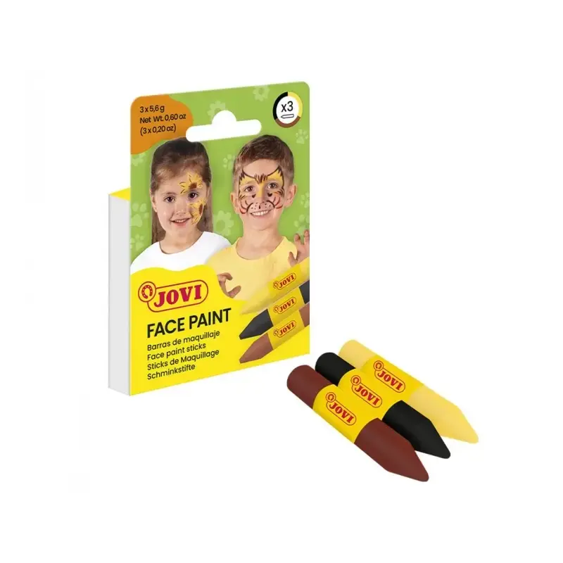 Jovi Face Paint Animal Pack de 3 Barras de Maquillaje - Para todo Tipo de Pieles - Se Limpia Facilmente - Colores Amarillo, Marr