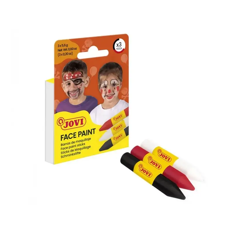 Jovi Face Paint Scary Pack de 3 Barras de Maquillaje - Para todo Tipo de Pieles - Se Limpia Facilmente - Colores Blanco, Rojo y