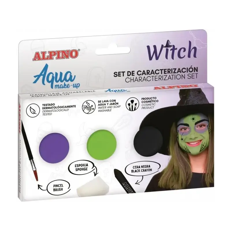 Alpino Aqua Make Up Set de Caracterizacion de Bruja - 3 Polveras + Cera Negra + Pincel + Esponja | Ahorro Imprimiendo