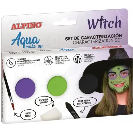 Alpino Aqua Make Up Set de Caracterizacion de Bruja - 3 Polveras + Cera Negra + Pincel + Esponja | Ahorro Imprimiendo