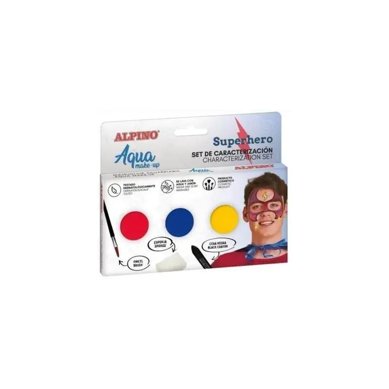 Alpino Aqua Make Up Set de Caracterizacion de Superheroes - 3 Polveras + Cera Negra + Pincel + Esponja | Ahorro Imprimiendo