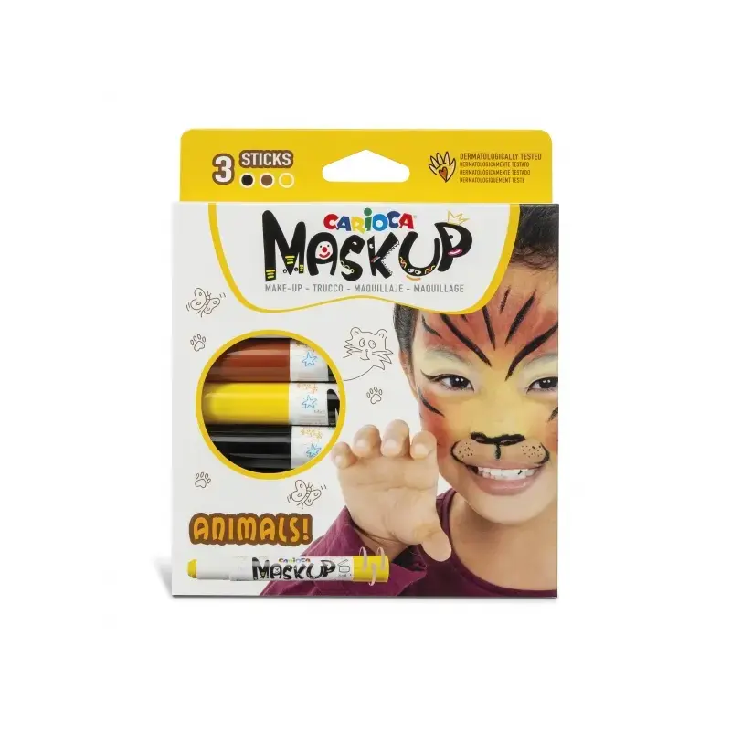 Carioca Mask Up Animals Pack de 3 Colores para la Piel - Colores Brillantes - Lavables - Base Agua - Incluye Dos Tutoriales Paso