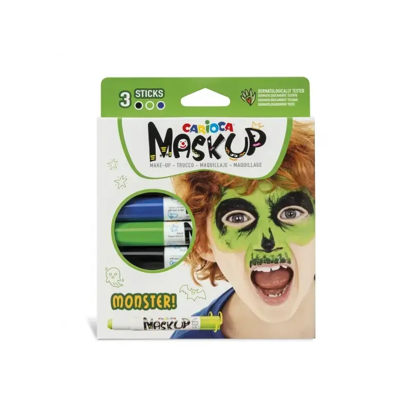 Carioca Mask Up Monsters Pack de 3 Colores para la Piel en Barra - Colores Brillantes - Lavables y Base Agua - Incluye Dos Tutor