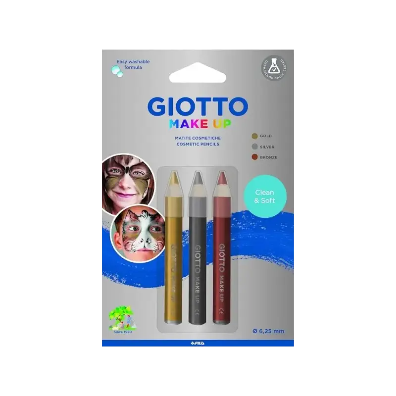 Giotto Make Up Metallic Pack con 3 Lapices Cosmeticos - Se Lava con Agua - Dermatologicamente Testado - Colores Metalicos Surtid