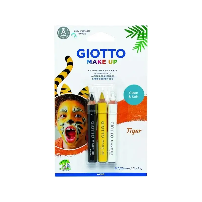 Giotto Make Up Tiger Pack con 3 Lapices Cosmeticos de Tematica Tigre - Se Lava con Agua - Dermatologicamente Testado - Colores S