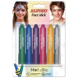 Alpino Fiesta Face Stick Metallic Pack con 6 Barritas de Pintura Facial - Sistema Retractil Giratorio - Se Lava con Agua - Testa