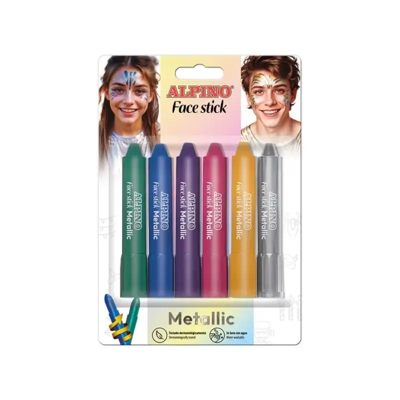 Alpino Fiesta Face Stick Metallic Pack con 6 Barritas de Pintura Facial - Sistema Retractil Giratorio - Se Lava con Agua - Testa