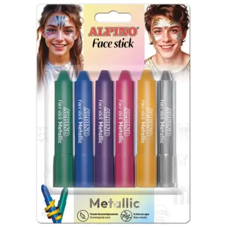 Alpino Fiesta Face Stick Metallic Pack con 6 Barritas de Pintura Facial - Sistema Retractil Giratorio - Se Lava con Agua - Testa