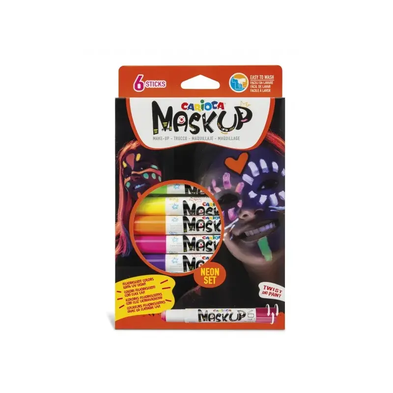 Carioca Mask Up Neon Pack de 6 Colores para la Piel en Barra Neon - Ideales para Fiestas - Fluorescentes con Luz Ultravioleta -