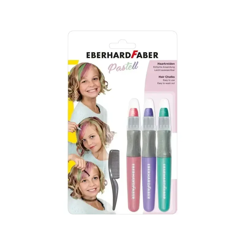 Eberhard Faber Pack de 3 Tizas Pastel para el Cabello + 1 Mini Peine - Aplicar sobre el Cabello Seco - Utilice el Peine para Dis