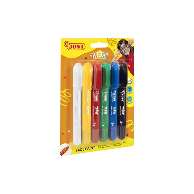 Jovi Twist Pack de 6 Stick Pintura de Cara - Base Agua - Gran Cobertura - Seca Rapido - Facil de Retirar - Hipoalergenico - Colo