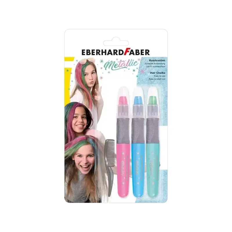 Eberhard Faber Pack de 3 Tizas Metallic para el Cabello + 1 Mini Peine - Aplicar sobre el Cabello Seco - Utilice el Peine para D
