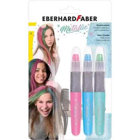 Eberhard Faber Pack de 3 Tizas Metallic para el Cabello + 1 Mini Peine - Aplicar sobre el Cabello Seco - Utilice el Peine para D