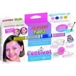 Alpino Fiesta Festival Pack de 4 Botes de Maquillaje Liquido de Diferentes Colores + Pincel + Guia de Ideas - Se Lava con Agua -