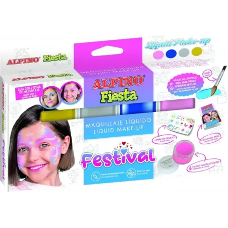 Alpino Fiesta Festival Pack de 4 Botes de Maquillaje Liquido de Diferentes Colores + Pincel + Guia de Ideas - Se Lava con Agua -