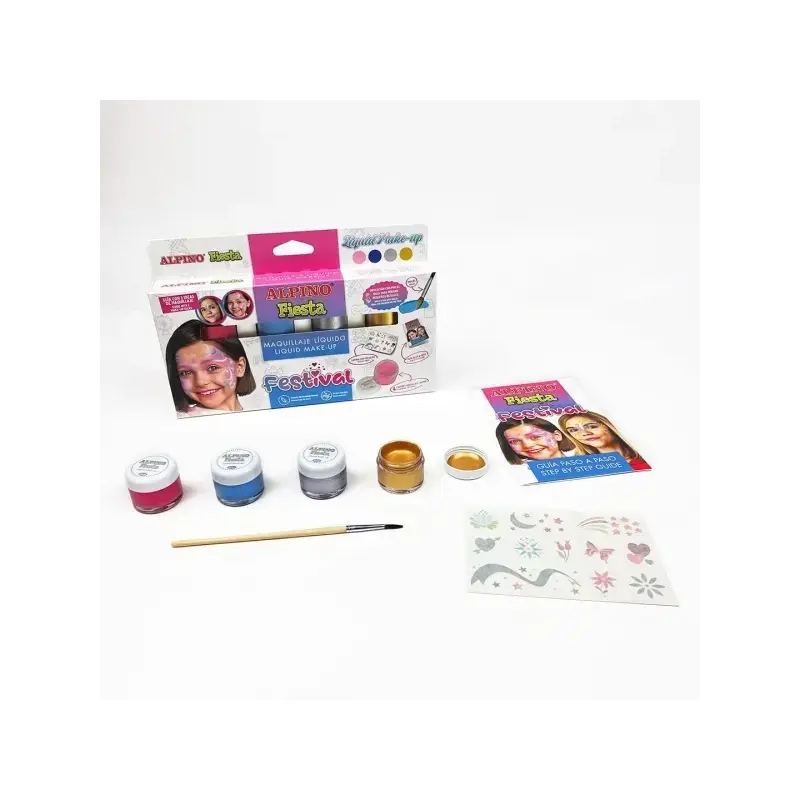 Alpino Fiesta Festival Pack de 4 Botes de Maquillaje Liquido de Diferentes Colores + Pincel + Guia de Ideas - Se Lava con Agua -