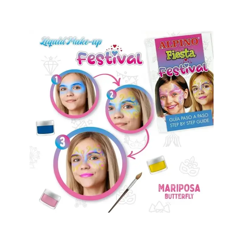 Alpino Fiesta Festival Pack de 4 Botes de Maquillaje Liquido de Diferentes Colores + Pincel + Guia de Ideas - Se Lava con Agua -