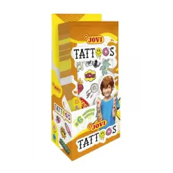 Jovi Expositor con 24 Packs de Tatuajes Temporales - 6 Laminas por Pack - Mas de 80 Motivos - Emoticonos, Animales, Objetos etc.