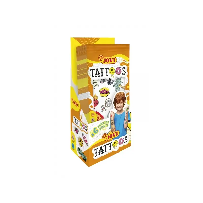 Jovi Expositor con 24 Packs de Tatuajes Temporales - 6 Laminas por Pack - Mas de 80 Motivos - Emoticonos, Animales, Objetos etc.