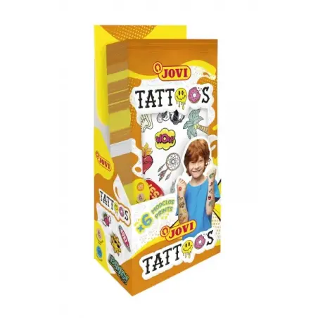 Jovi Expositor con 24 Packs de Tatuajes Temporales - 6 Laminas por Pack - Mas de 80 Motivos - Emoticonos, Animales, Objetos etc.