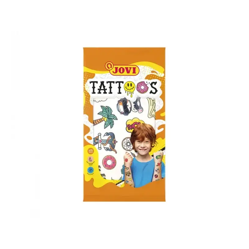Jovi Expositor con 24 Packs de Tatuajes Temporales - 6 Laminas por Pack - Mas de 80 Motivos - Emoticonos, Animales, Objetos etc.