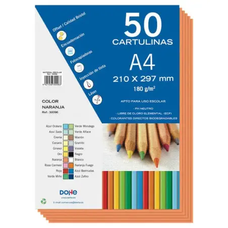 Dohe Pack de 50 Cartulinas A4 de 180gr - Con PH Neutro - Libres de Cloro Elemental - Color Naranja | Ahorro Imprimiendo