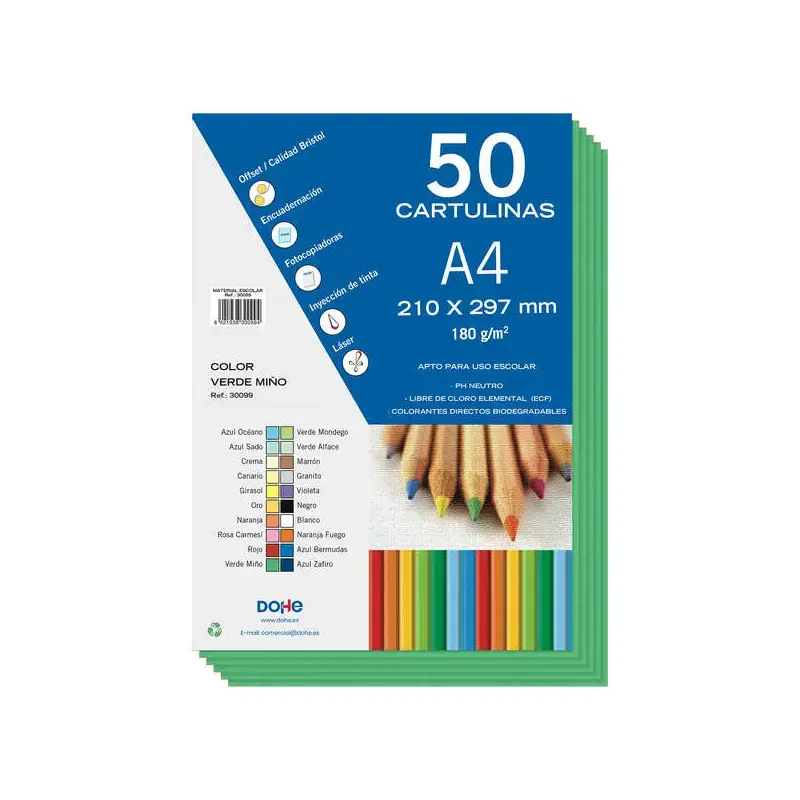 Dohe Pack de 50 Cartulinas A4 de 180g/m2 - PH Neutro - Libres de Cloro Elemental - Colorantes Biodegradables - Color Verde Miño