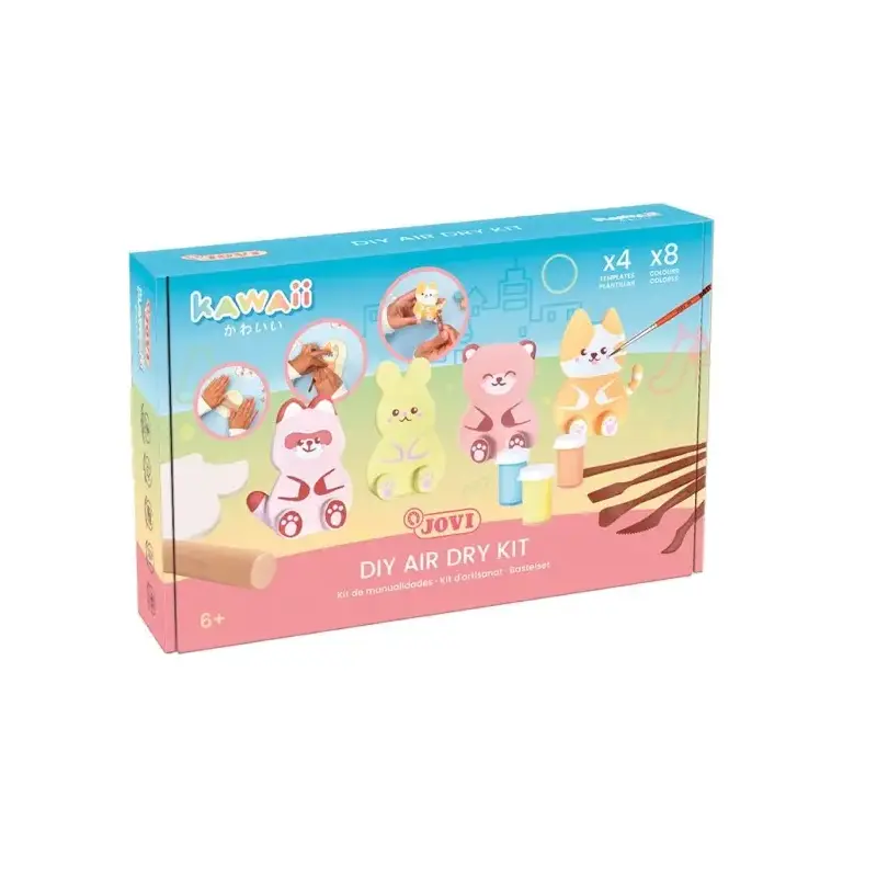 Jovi Kawaii Air Dry Kit con Pasta Endurecible 500gr + 4 Plantillas + Pinturas + Complementos - Facil de Moldear - Colores Surtid